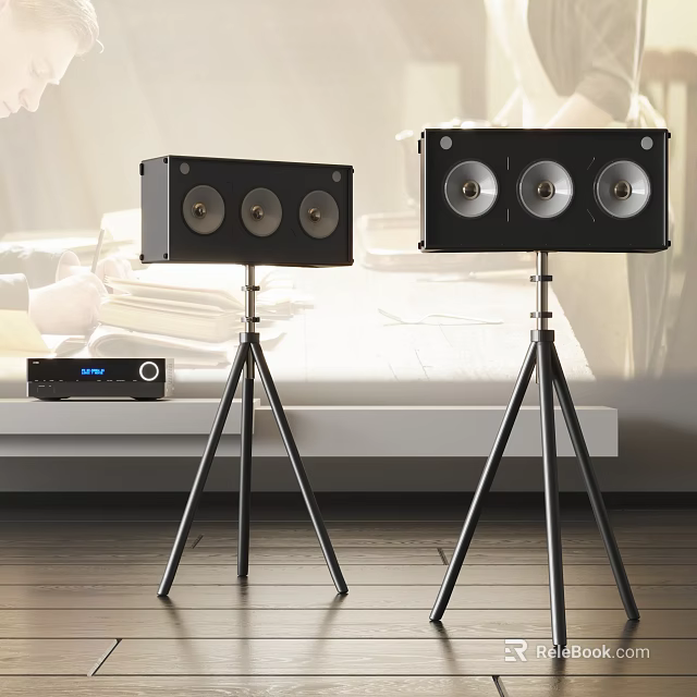 Black Speakers With Multiple Drivers On Tripods And Amplifier In Modern Room 3d model 