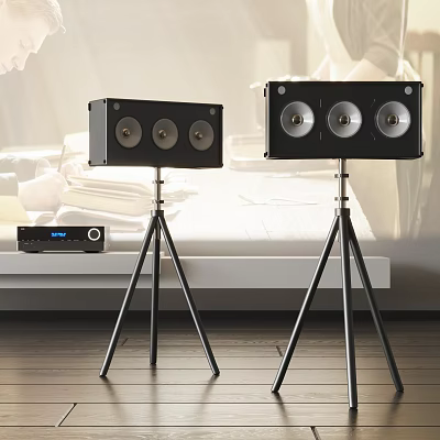 Black Speakers With Multiple Drivers On Tripods And Amplifier In Modern Room 3d model