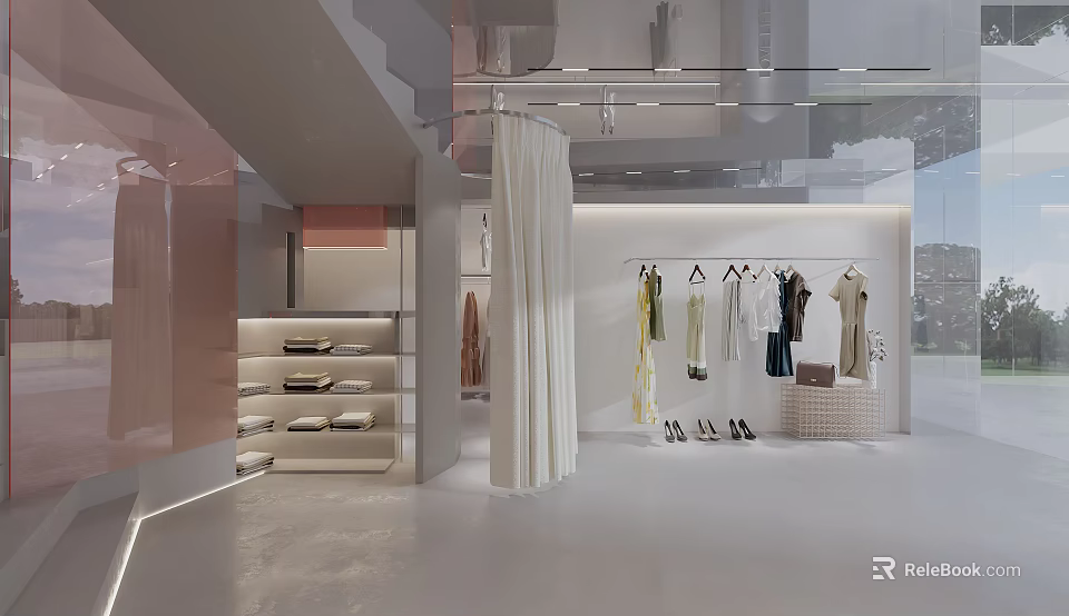 Modern Clothing Store Interior Design Featuring Hanging Outfits Display Shelves And Minimalist Decor 3d model 