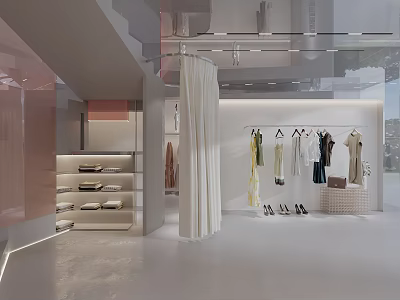 Modern Clothing Store Interior Design Featuring Hanging Outfits Display Shelves And Minimalist Decor 3d model