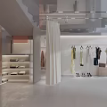 Modern Clothing Store Interior Design Featuring Hanging Outfits Display Shelves And Minimalist Decor