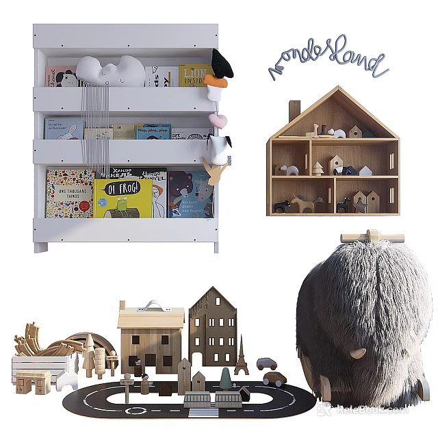 Cute Stuffed Dolls With Wooden House And Plush Decorations For Kids Room Shelf 3d model 