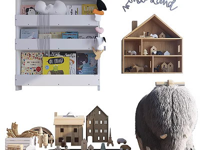 Cute Stuffed Dolls With Wooden House And Plush Decorations For Kids Room Shelf 3d model