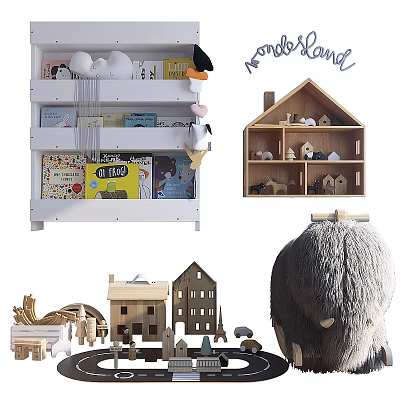 Cute Stuffed Dolls With Wooden House And Plush Decorations For Kids Room Shelf 3d model