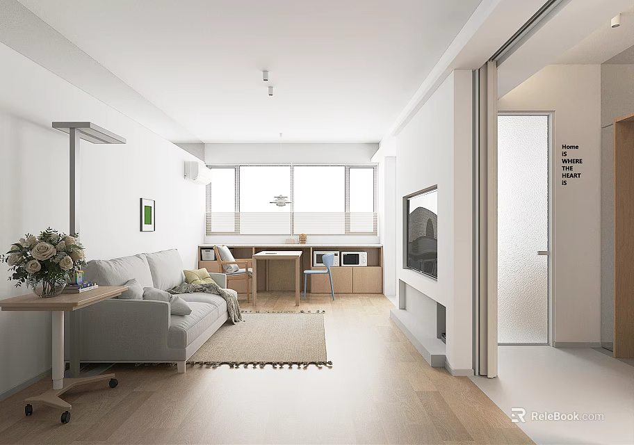 Modern Living Dining Room Interior With Sofa Dining Table And Large Windows 3d model