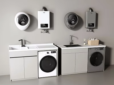 Modern Laundry Area With White And Gray Washing Machines Sink Counter And Wall Mounted Dryers 3d model