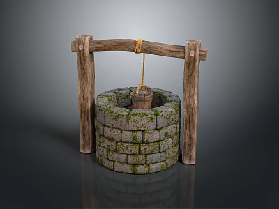 Modern Outdoor Space Featuring Ancient Well With Mossy Stone Structure And Wooden Supports 3d model