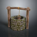 Modern Outdoor Space Featuring Ancient Well With Mossy Stone Structure And Wooden Supports