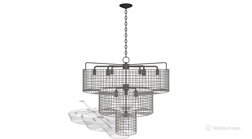 Industrial Style Multi Layer Metal Frame Chandelier With Grid Design And Chain Hanging 3d model 
