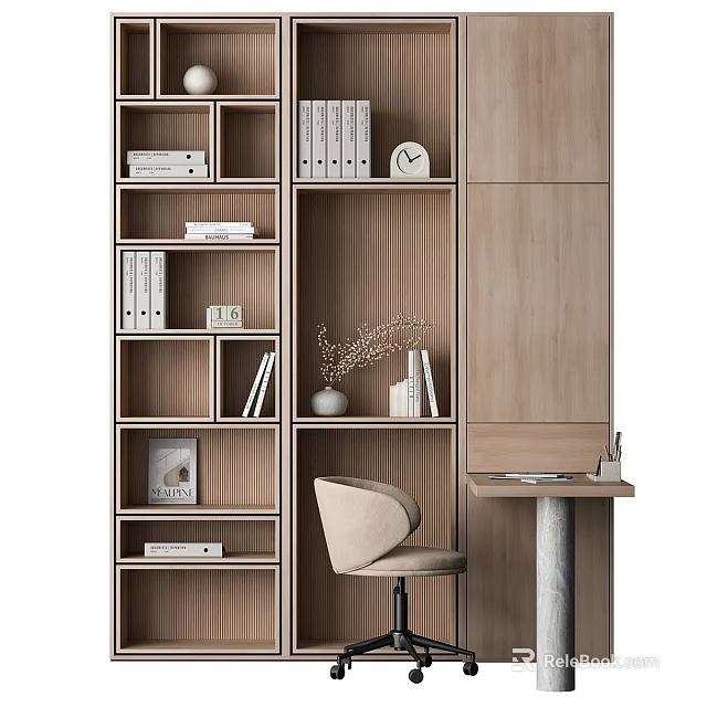 Modern Wooden Bookcase With Multiple Shelves Books Decorative Vase Clock And Side Desk Chair 3d model 