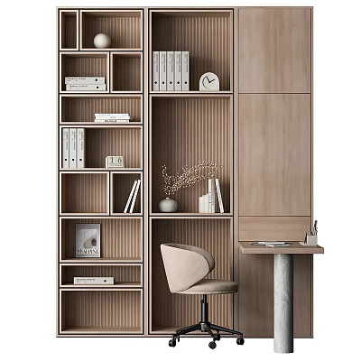 Modern Wooden Bookcase With Multiple Shelves Books Decorative Vase Clock And Side Desk Chair 3d model