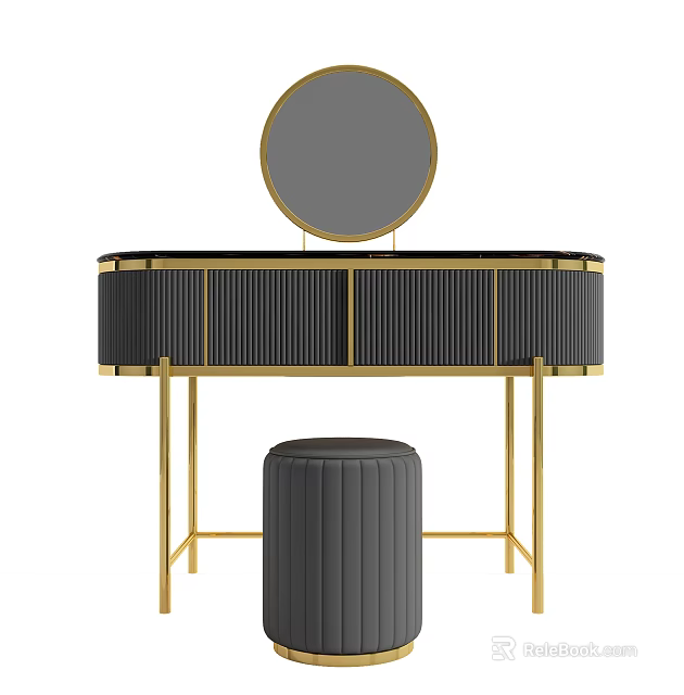 Black Dressing Table With Gold Details Round Mirror And Gray Stool 3d model