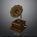 Vintage Gramophone with Golden Horn Wooden Base and Black Vinyl Record