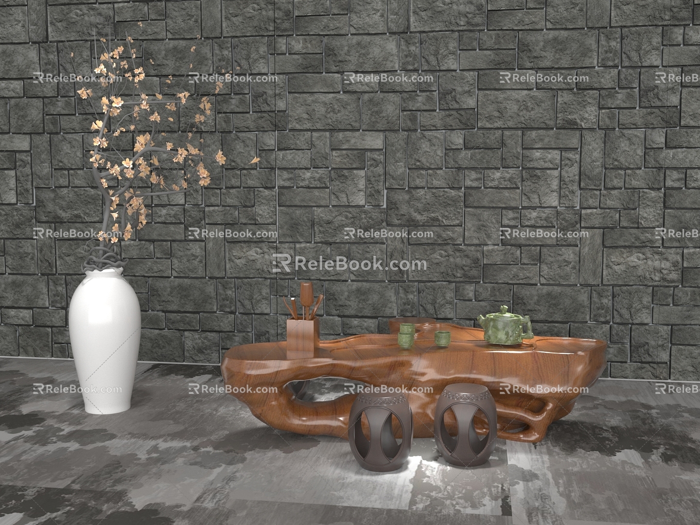 Tea table root carving tea set 3d model