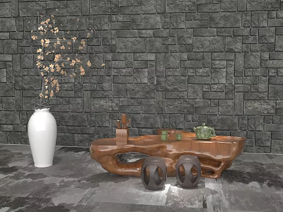 Natural Root Carving Tea Table with White Vase Green Tea Sets and Gray Stone Wall 3d model