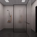 Modern Other Restroom Interior with Light Tiled Walls Dark Floor White Sink Mirror and Toilet