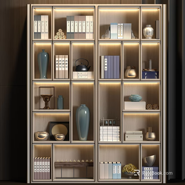 Modern Open Bookcase Design With LED Lighting Books And Decorative Items 3d model