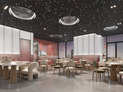Elegant Modern Restaurant Interior With Starry Ceiling White Partitions Dining Tables And Beige Chairs 3d model