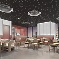 Elegant Modern Restaurant Interior With Starry Ceiling White Partitions Dining Tables And Beige Chairs