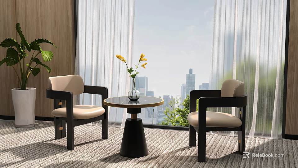 Cozy Lounge Area With Two Armchairs Round Table Vase Yellow Flowers Large Windows City View 3d model 