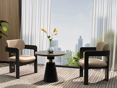 Cozy Lounge Area With Two Armchairs Round Table Vase Yellow Flowers Large Windows City View 3d model