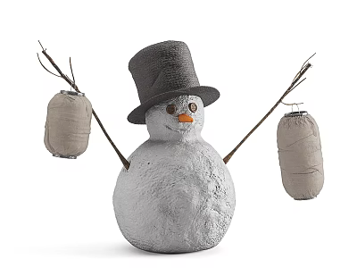 Festive Snowman Decoration With Black Hat Stick Arms And Hanging Lanterns 3d model