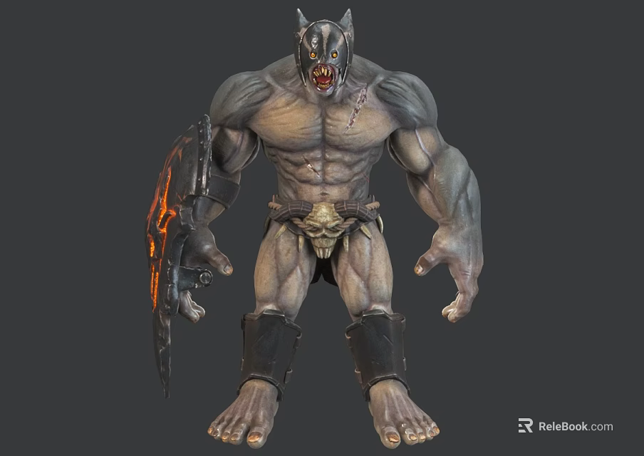 Fierce Wolf Headed Monster With Muscular Body Shield Fiery Patterns Ripped Armor And Powerful Limbs 3d model 