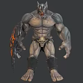 Fierce Wolf Headed Monster With Muscular Body Shield Fiery Patterns Ripped Armor And Powerful Limbs