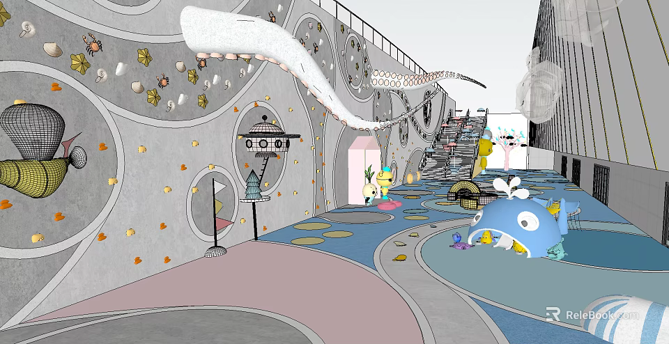 Colorful Children's Play Area With Climbing Walls Slides And Cartoon Play Structures 3d model 