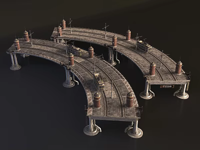 Tram Curved Elevated Tracks with Stone Pillars and Electric Poles Structure Design 3d model