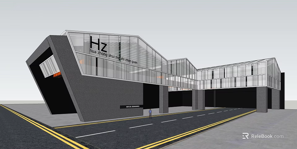 Modern Huizhou South Railway Station Building With Glass Facade Road And Pedestrian 3d model 