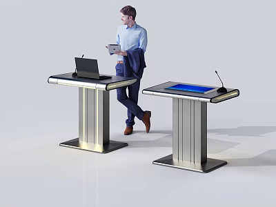 Modern Podiums With Laptop Blue Surface And Microphone For Presentations 3d model