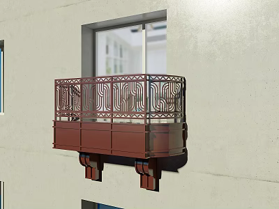 Ornate Red Metal Balcony Fence With Decorative Patterns On Building Exterior 3d model