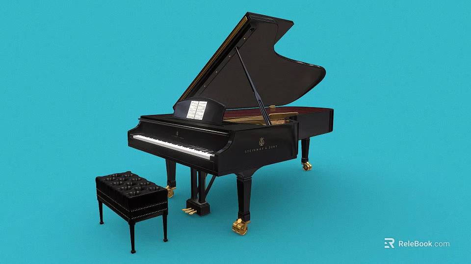 Black Grand Piano With Matching Stool On Blue Background For Musical Instrument 3d model 