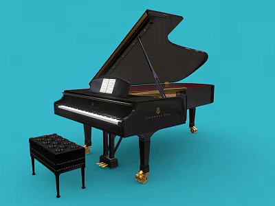 Black Grand Piano With Matching Stool On Blue Background For Musical Instrument 3d model