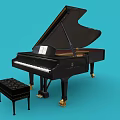 Black Grand Piano With Matching Stool On Blue Background For Musical Instrument