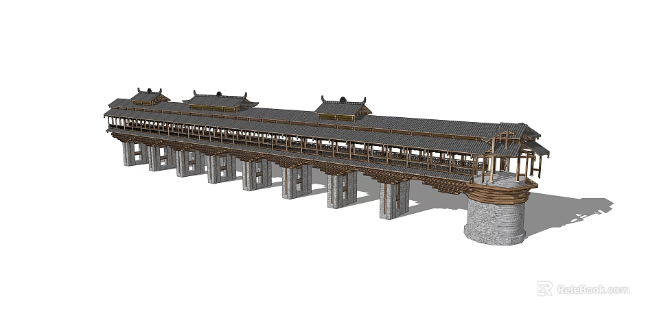 Traditional Chinese Covered Bridge With Tile Roof And Stone Piers Structure 3d model 