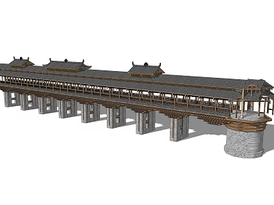 Traditional Chinese Covered Bridge With Tile Roof And Stone Piers Structure 3d model