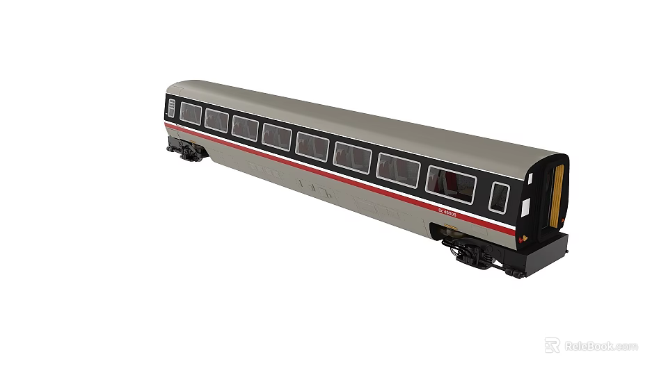 Gray Train Passenger Car With Red Stripe Multiple Windows And Black Base 3d model
