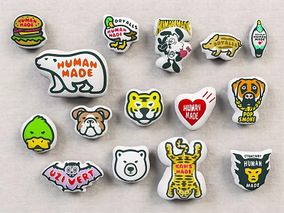 Colorful Assorted Cartoon Badges Featuring Animal Designs Human Made Logos And Food Icons 3d model
