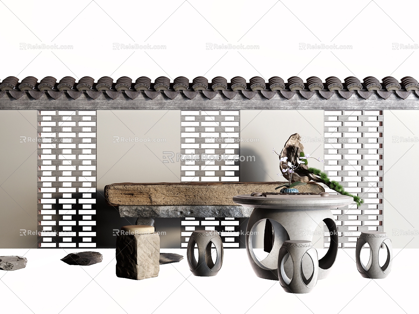 Chinese-style stone table outdoor table fence 3d model