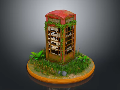 Vintage Telephone Booth Decorative Model With Red Roof Green Ivy Grass Stones And Circular Base 3d model