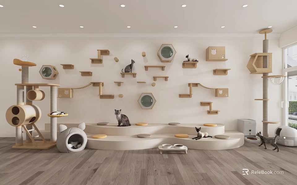 Pet Shop Interior With Cat Climbing Shelves Play Areas And Cozy Beds 3d model 