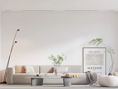 Minimalist Living Room Interior With Beige Sofa Floor Lamp And Potted Plants 3d model