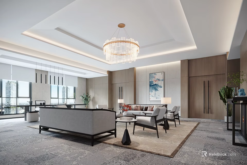 Stylish Modern Private Room Interior Featuring Chandelier Sofa Coffee Table And Plants 3d model