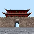 Ancient Chinese Architecture City Gate Tower With Traditional Curved Roof And Red Walls