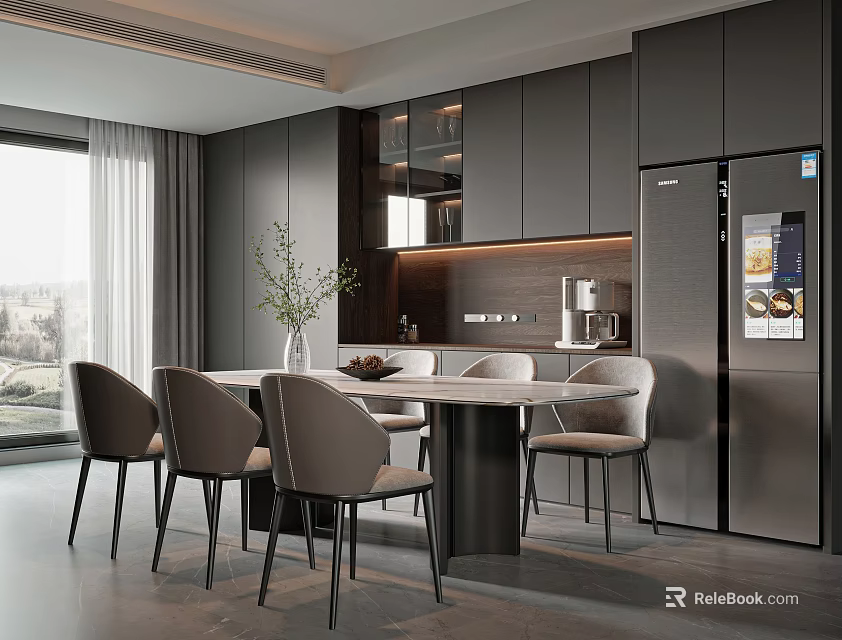 Modern Restaurant Interior With Dining Table Chairs Cabinet Refrigerator Window And Decorative Plant 3d model 