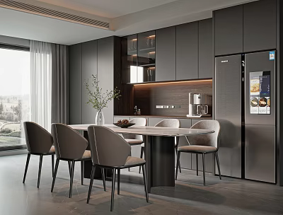 Modern Restaurant Interior With Dining Table Chairs Cabinet Refrigerator Window And Decorative Plant 3d model