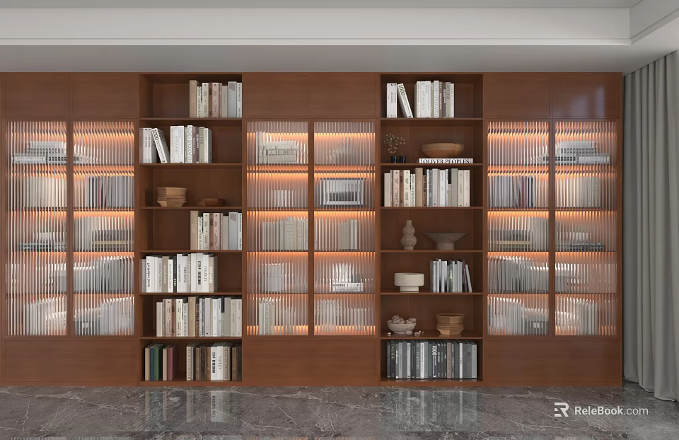 Modern Wooden Shelving Unit with Multiple Compartments Glass Doors Books and Decorative Items 3d model 