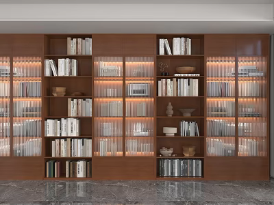 Modern Wooden Shelving Unit with Multiple Compartments Glass Doors Books and Decorative Items 3d model